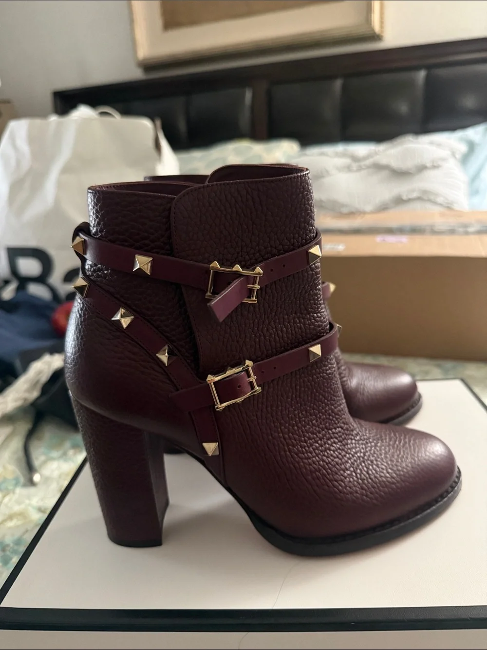 Valentino Garavani Wine Red Studded Leather Ankle Booties